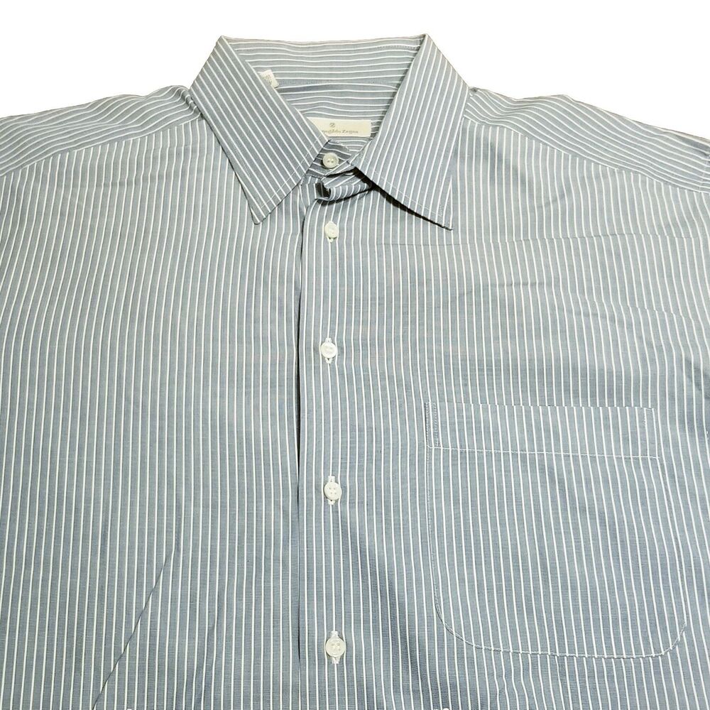 Ermenegildo Zegna Shirt Men's Size 42 16.5 Blue Vertical Stripe 100% Cotton